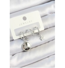 Pirinç Zirkon Taşlı Sallantılı Yıldız Model Gümüş Renk 3'lü Çift Kadın Küpe Set - TJ-BKP10792