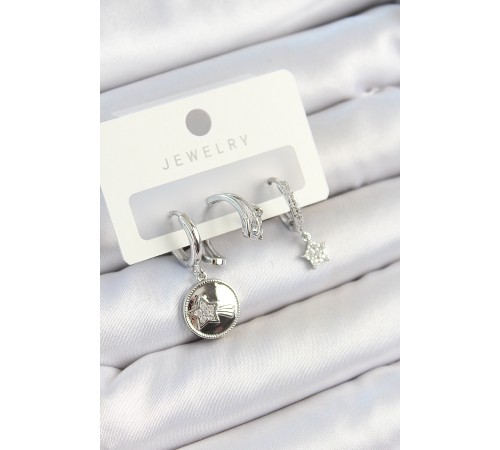 Pirinç Zirkon Taşlı Sallantılı Yıldız Model Gümüş Renk 3'lü Çift Kadın Küpe Set - TJ-BKP10792