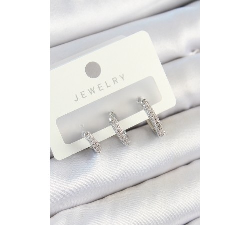 Pirinç Zirkon Taşlı Halka Model Gümüş Renk 3'lü Çift Kadın Küpe Set - TJ-BKP10793