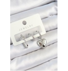 Pirinç Zirkon Taşlı Kalp Model Gümüş Renk 3'lü Çift Kadın Küpe Set - TJ-BKP10794