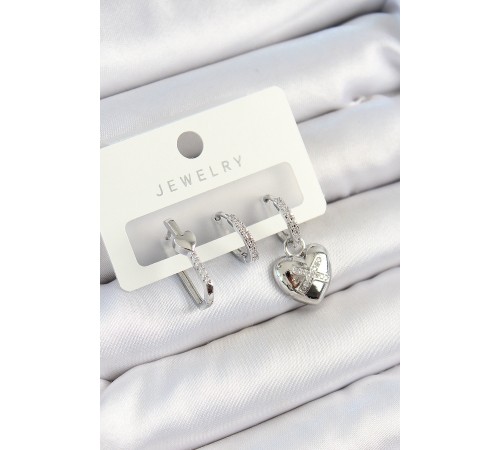 Pirinç Zirkon Taşlı Kalp Model Gümüş Renk 3'lü Çift Kadın Küpe Set - TJ-BKP10794