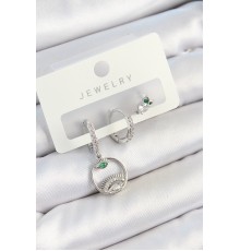 Pirinç Zirkon Taşlı Göz Ve Baykuş Model Gümüş Renk 3'lü Çift Kadın Küpe Set - TJ-BKP10795