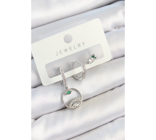 Pirinç Zirkon Taşlı Göz Ve Baykuş Model Gümüş Renk 3'lü Çift Kadın Küpe Set - TJ-BKP10795