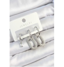 Pirinç Zirkon Taşlı Dikdörtgen Model Gümüş Renk 3'lü Çift Kadın Küpe Set - TJ-BKP10796