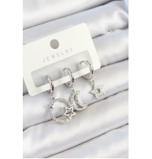 Pirinç Zirkon Taşlı Ay Ve Yıldız Model Gümüş Renk 3'lü Çift Kadın Küpe Set - TJ-BKP10797