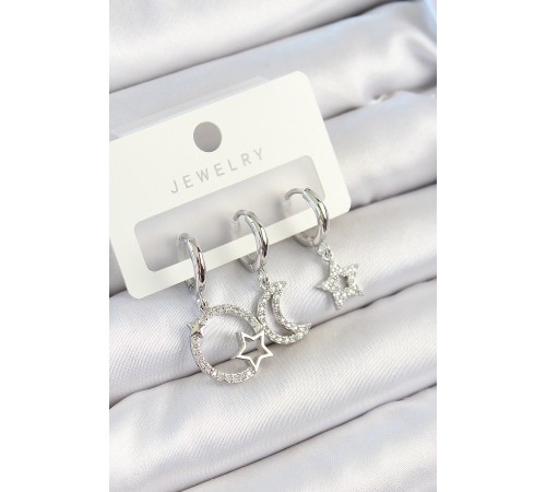 Pirinç Zirkon Taşlı Ay Ve Yıldız Model Gümüş Renk 3'lü Çift Kadın Küpe Set - TJ-BKP10797