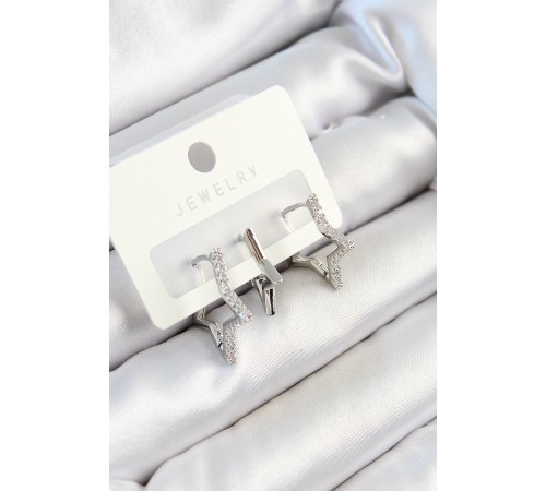 Pirinç Zirkon Taşlı Yıldız Model Gümüş Renk 3'lü Çift Kadın Küpe Set - TJ-BKP10798