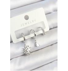 Pirinç Zirkon Taşlı Güneş Model Gümüş Renk 3'lü Çift Kadın Küpe Set - TJ-BKP10799