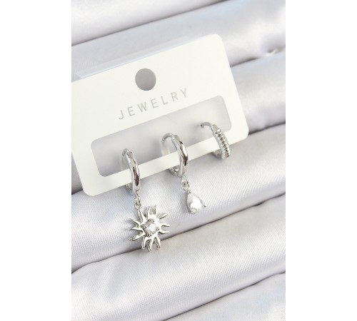 Pirinç Zirkon Taşlı Güneş Model Gümüş Renk 3'lü Çift Kadın Küpe Set - TJ-BKP10799