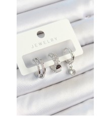 Pirinç Zirkon Taşlı Halka Model Gümüş Renk 3'lü Çift Kadın Küpe Set - TJ-BKP10800