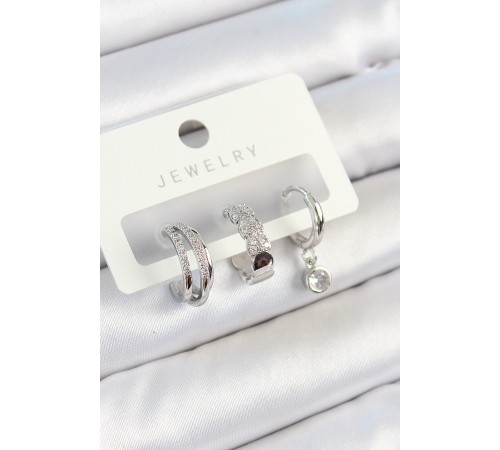 Pirinç Zirkon Taşlı Halka Model Gümüş Renk 3'lü Çift Kadın Küpe Set - TJ-BKP10800