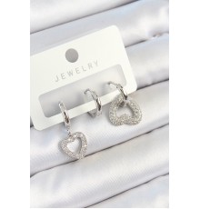 Pirinç Zirkon Taşlı Kalp Model Gümüş Renk 3'lü Çift Kadın Küpe Set - TJ-BKP10801