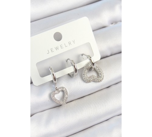 Pirinç Zirkon Taşlı Kalp Model Gümüş Renk 3'lü Çift Kadın Küpe Set - TJ-BKP10801