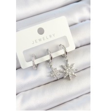 Pirinç Zirkon Taşlı Kutup Yıldızı Model Gümüş Renk 3'lü Çift Kadın Küpe Set - TJ-BKP10803
