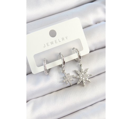 Pirinç Zirkon Taşlı Kutup Yıldızı Model Gümüş Renk 3'lü Çift Kadın Küpe Set - TJ-BKP10803