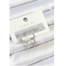 Pirinç Zirkon Taşlı Çiçek Ve Ay Model Gümüş Renk 3'lü Çift Kadın Küpe Set - TJ-BKP10804