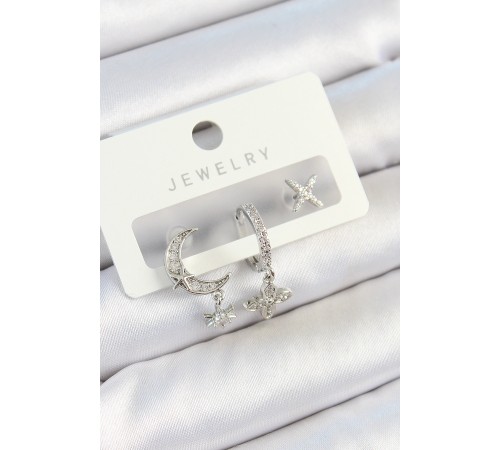 Pirinç Zirkon Taşlı Çiçek Ve Ay Model Gümüş Renk 3'lü Çift Kadın Küpe Set - TJ-BKP10804