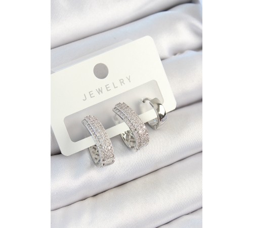 Pirinç Zirkon Taşlı Damla Model Gümüş Renk 3'lü Çift Kadın Küpe Set - TJ-BKP10805