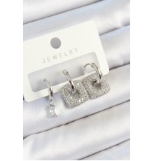 Pirinç Zirkon Taşlı Kare Model Gümüş Renk 3'lü Çift Kadın Küpe Set - TJ-BKP10806