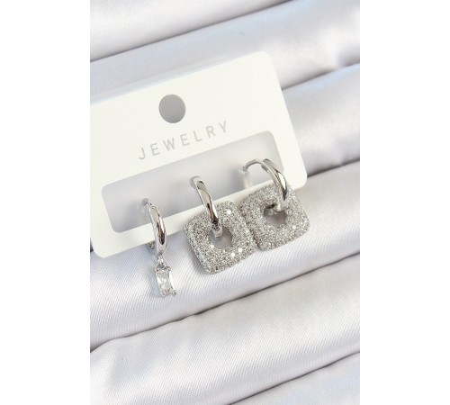 Pirinç Zirkon Taşlı Kare Model Gümüş Renk 3'lü Çift Kadın Küpe Set - TJ-BKP10806