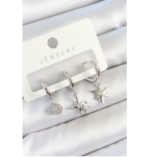 Pirinç Zirkon Taşlı Kutup Yıldızı Model Gümüş Renk 3'lü Çift Kadın Küpe Set - TJ-BKP10807