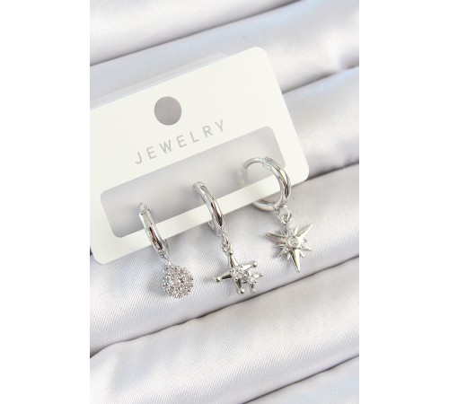 Pirinç Zirkon Taşlı Kutup Yıldızı Model Gümüş Renk 3'lü Çift Kadın Küpe Set - TJ-BKP10807