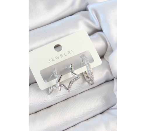 Pirinç Zirkon Taşlı Yıldız Ve Halka Model Gümüş Renk 3'lü Çift Kadın Küpe Set - TJ-BKP10808