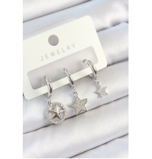 Pirinç Zirkon Taşlı Yıldız Model Gümüş Renk 3'lü Çift Kadın Küpe Set - TJ-BKP10809