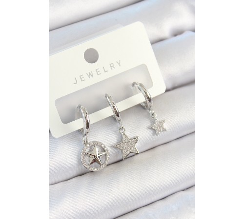 Pirinç Zirkon Taşlı Yıldız Model Gümüş Renk 3'lü Çift Kadın Küpe Set - TJ-BKP10809