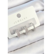 Pirinç Zirkon Taşlı Halka Model Gümüş Renk 3'lü Çift Kadın Küpe Set - TJ-BKP10810