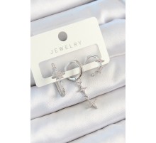 Pirinç Zirkon Taşlı Ve Sallantılı Yıldız Model Gümüş Renk 3'lü Çift Kadın Küpe Set - TJ-BKP10811