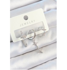 Pirinç Zirkon Taşlı Ve Sallantılı Yıldız Model Gümüş Renk 3'lü Çift Kadın Küpe Set - TJ-BKP10811