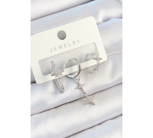 Pirinç Zirkon Taşlı Ve Sallantılı Yıldız Model Gümüş Renk 3'lü Çift Kadın Küpe Set - TJ-BKP10811
