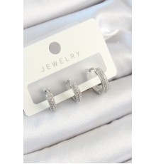 Pirinç Zirkon Taşlı Halka Model Gümüş Renk 3'lü Çift Kadın Küpe Set - TJ-BKP10812