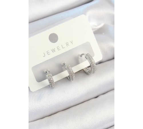 Pirinç Zirkon Taşlı Halka Model Gümüş Renk 3'lü Çift Kadın Küpe Set - TJ-BKP10812