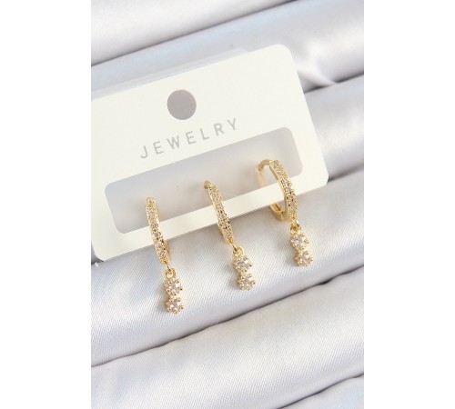 Pirinç Zirkon Taşlı Sallantılı Yıldız Model Gold Renk 3'lü Çift Kadın Küpe Set - TJ-BKP10813
