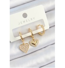 Pirinç Zirkon Taşlı Sallantılı Kalp Model Gold Renk 3'lü Çift Kadın Küpe Set - TJ-BKP10814