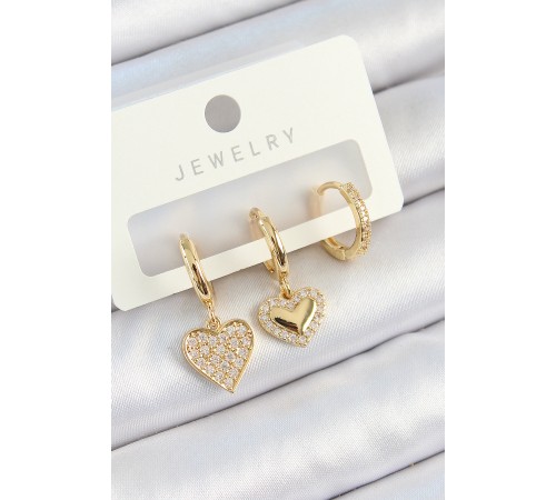 Pirinç Zirkon Taşlı Sallantılı Kalp Model Gold Renk 3'lü Çift Kadın Küpe Set - TJ-BKP10814