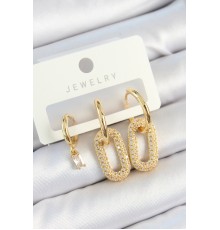 Pirinç Zirkon Taşlı Dikdörtgen Model Gold Renk 3'lü Çift Kadın Küpe Set - TJ-BKP10816