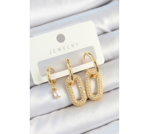 Pirinç Zirkon Taşlı Dikdörtgen Model Gold Renk 3'lü Çift Kadın Küpe Set - TJ-BKP10816