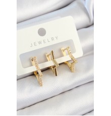 Pirinç Zirkon Taşlı Yıldız Model Gold Renk 3'lü Çift Kadın Küpe Set - TJ-BKP10817