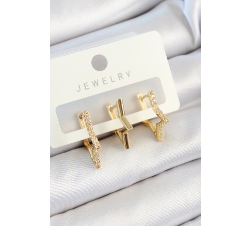Pirinç Zirkon Taşlı Yıldız Model Gold Renk 3'lü Çift Kadın Küpe Set - TJ-BKP10817