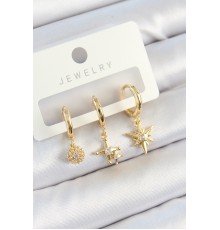 Pirinç Zirkon Taşlı Yıldız Model Gold Renk 3'lü Çift Kadın Küpe Set - TJ-BKP10818