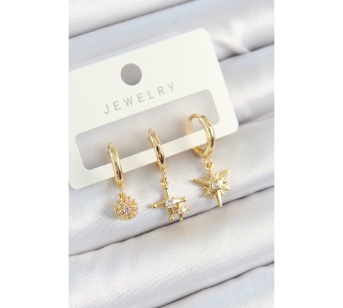 Pirinç Zirkon Taşlı Yıldız Model Gold Renk 3'lü Çift Kadın Küpe Set - TJ-BKP10818