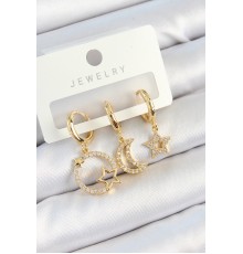 Pirinç Zirkon Taşlı Yıldız Ve Ay Model Gold Renk 3'lü Çift Kadın Küpe Set - TJ-BKP10819