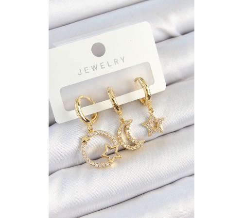Pirinç Zirkon Taşlı Yıldız Ve Ay Model Gold Renk 3'lü Çift Kadın Küpe Set - TJ-BKP10819