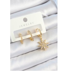 Pirinç Zirkon Taşlı Kutup Yıldızı Model Gold Renk 3'lü Çift Kadın Küpe Set - TJ-BKP10820