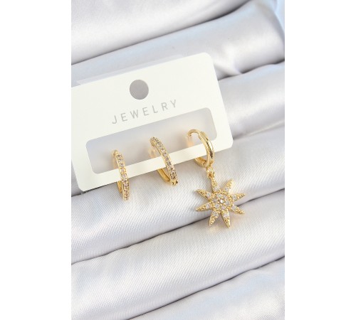 Pirinç Zirkon Taşlı Kutup Yıldızı Model Gold Renk 3'lü Çift Kadın Küpe Set - TJ-BKP10820