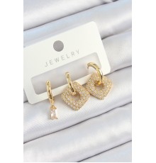 Pirinç Zirkon Taşlı Kare Model Gold Renk 3'lü Çift Kadın Küpe Set - TJ-BKP10821