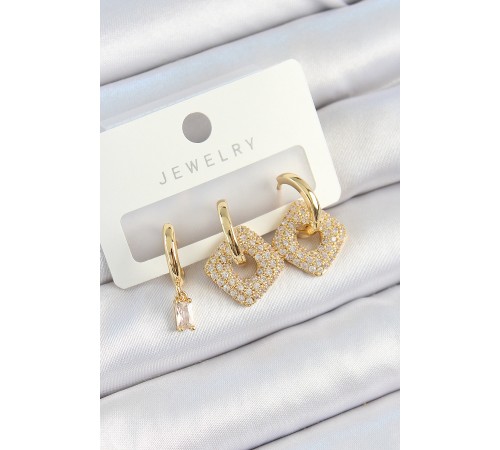 Pirinç Zirkon Taşlı Kare Model Gold Renk 3'lü Çift Kadın Küpe Set - TJ-BKP10821